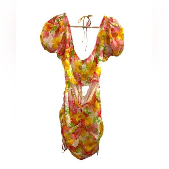 Isalis Floral Open Back Ruched Mini Dress L - Picture 2 of 6